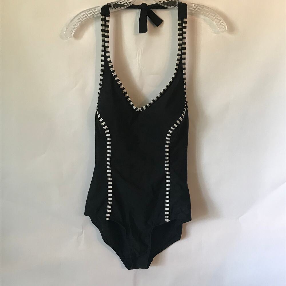 Catalina Womens Swimsuit Bathing Suit One Piece Halter Tie Top Black White Small